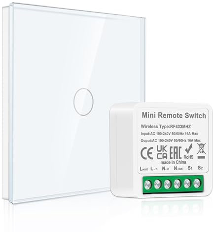 CNBINGO RF433 Funkschalter mit Mini-Modul, Keine Verkabelung Erforderlich, Wand Lichtschalter Fernbedienung Lampe, Kabelloses Schalter-Set, Weiß (Batterien Nicht im Lieferumfang Enthalten)