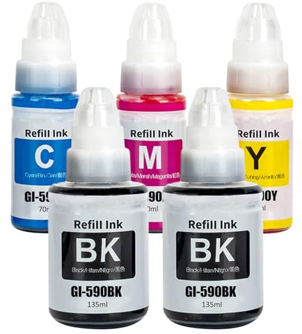 SHUOLEI GI-590 GI-490 Tinte Kompatibel mit Canon GI590 GI490 Tintenbehälte Multipack für PIXMA G1400 G1410 G2400 G2410 G3400 G4400 G4411 G1500 G1510 G2500 G2510 G3500 G3510 G4500 G1501 (5-Pack)