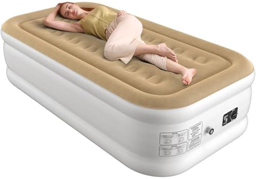 Ezyrest Premium Air Mattress Twin for Camping & Guest, Leakproof Blow Up Mattress with Soft Flocked Top, Portable & Foldable Twin Air Mattress with Built in Pump Raised, Waterproof Inflatable Mattress