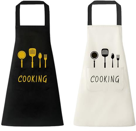 ZBHDEYG 2 Delantales Impermeables y Antimanchas, Ajustables con Bolsillos y Estampado de Cuchillo y Tenedor, Blusa de Cocina y Repostería