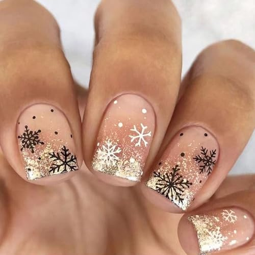 24 unghie finte natalizie a forma di fiocco di neve, unghie artificiali, corte, quadrate, copertura completa, per donna