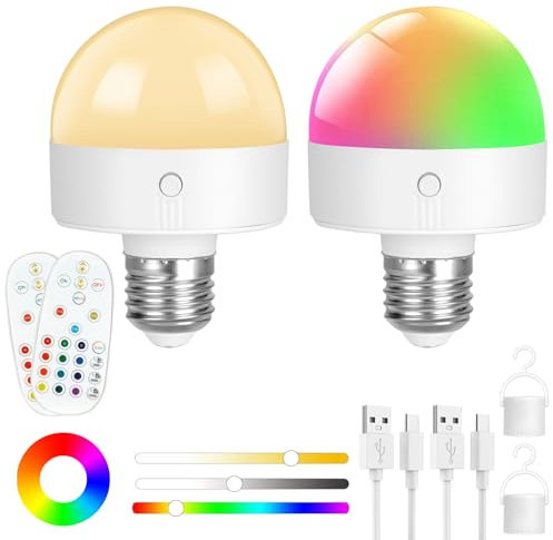 HOTUT RGB Glühbirne,2 Stück Wiederaufladbare Glühbirne mit Fernbedienung und Haken, E26 LED Lampe Abnehmbar, Dimmbare und Timing funktion,Farbige Leuchtmittel für Schlafzimmer, Küche, Decke,Bar,party