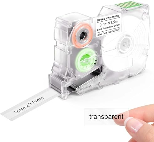SUPVAN KATASYMBOL G15M Etikettband, Termiska Mångsidiga Etiketter för Hem, Skola, Kontor, 9 mm x 7.5 m, Svart På Transparent