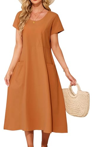 PASUDA Robe Longue Femme Chic et Elegant Été Robe Coton à Col Rond Manches Courtes Robe de Plage D'été Robe Boho avec Poches Robe Bohème Fluide Grande Taille Swing Décontractée (Orange, L)
