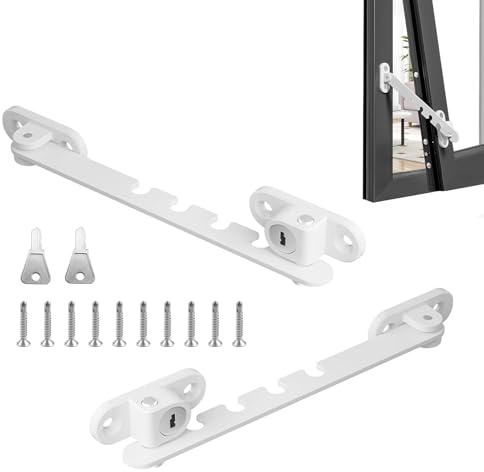 HASLED 2 Pièces Entrebâilleur de Fenêtre à Battant Restricteur de Fenêtre - Bloque Fenêtre avec Clé -Entrebâilleur 5 Positions pour PVC et Aluminium -Entrebailleur Fenetre - Règle l'angle Sans Perçage