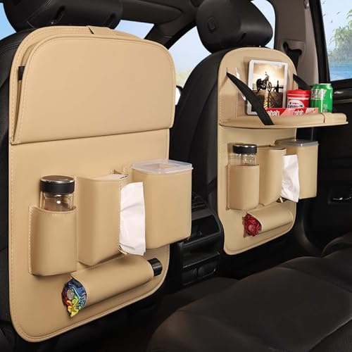 DEARBAG Organizador Asiento Coche con Mesa Plegable, Protector Asiento Coche Respaldo de Cuero de PU Niños, Impermeable Bolsa de Almacenamiento del Coche con Sostenedor de Tablet-Bolsillo (Beige)