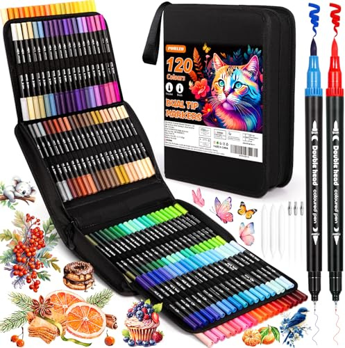 POWLYB Brush Pen Lettering, 120 Colori Pennarelli Doppia Punta Fine e Grossa Pennello, Brush Pen Stabilo per Artisti, Pennarelli Acquerellabili Doppia Punta per Calligrafia, Dsegno