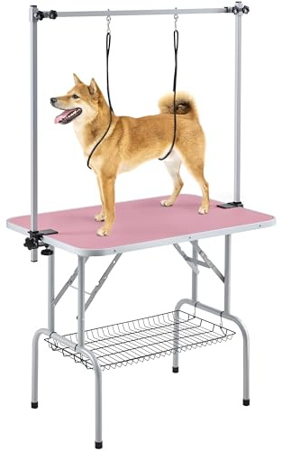 Yaheetech 91cm Pet Dog Grooming Table Height Adjustable Dog Beauty Table for Large Small Dogs w/Storage Basket/Noose Tools 164cm High Pink