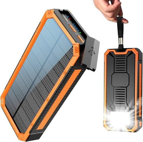 Batería externa solar de 20000 mAh, cargador solar resistente al agua, USB C, batería externa con salidas, banco de energía para smartphones, tabletas y más