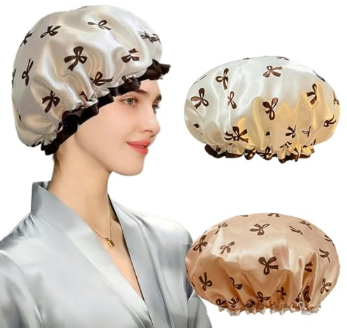 KEWUF Lot De 2 Bonnets De Douche Avec Nœud, Joli Bonnet De Douche, Bonnet De Douche Imperméable Double Couche, Bonnet De Maquillage Pour Femme, Bonnet De Nuit Réglable, Bonnet Bouclé, Le Salon