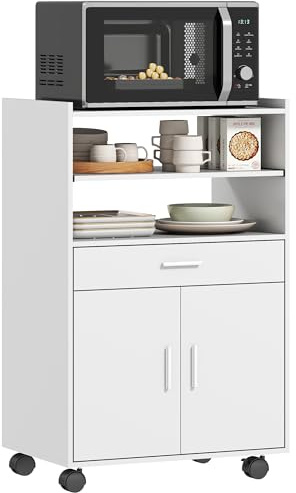 HOMCOM Küchenschrank Sideboard mit Rollen, Mikrowellenregal Mikrowellenschrank mit 2 Türen ausziehbarem Regal Schublade, Aufbewahrungsschrank für Küche, Esszimmer, Weiß