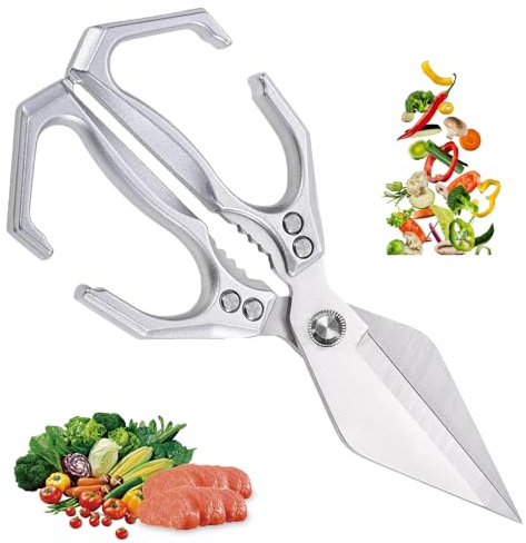 Forbici da Cucina Multifunzione e Resistente, Forbici da Cucina Professionali in Acciaio Inox con Lama Seghettata per Pollo, Carne, Frutti di Mare, Ossa, Manico Ergonomico in Alluminio