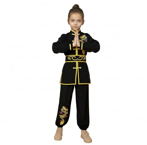 Traditional Chinese Martial Arts Uniform Dragon Embroidered Kung Fu Training Outfit for Boys and Girls (Black, 7-8 Years)
