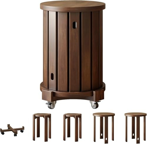 Set med 4 Stapelbara Träbänkar, Multifunktionell Nest Sidosbord Runda Massivträstolar Kaffefärg Våning Sovrum Matsal Sängsida(Coffee color)