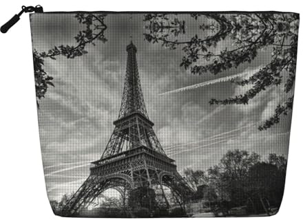 Eiffel Tower Pattern Cosmetic Organizer Large Fake Hemp Bag, Water Resistant Zippered Pouch for Daily Travel