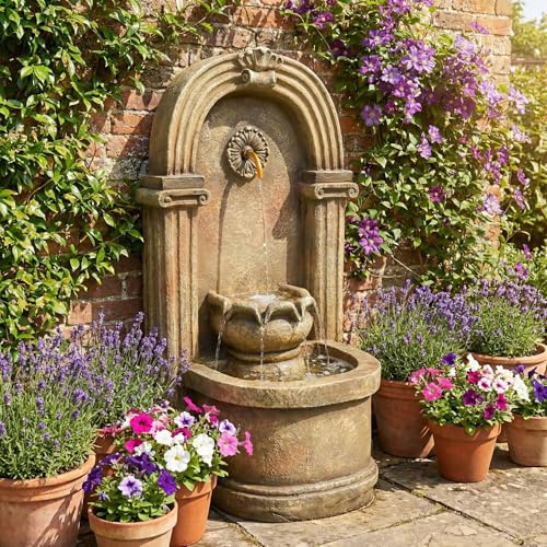 Arhatreya Fontana da giardino in stile antico, 230 V, con cascata, rubinetto e bacino, design ad arco, fontana decorativa per giardino, laghetto da giardino, terrazza e balcone
