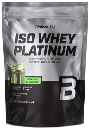 BioTechUSA Iso Whey Platinum | Vassleisolat- och vasslekoncentrat i pulverform | 3 g kreatin per portion | Med zink och vitamin B3 | 454 g, Pistachio