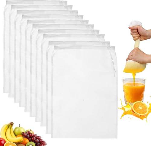 10 Pcs Bolsas Colador de Tela Reutilizables, Bolsas de Filtro con Cordón, Paños de Muselina Lavables Reutilizable para Cocinar, Yogur, Mermelada, Zumo y otros alimentos (24x36cm)