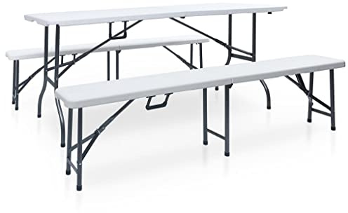 Owoxanthellate Juego de mesa de jardín plegable con 2 bancos de 180 cm – Juego de carpa de cerveza de acero y HDPE – Grupo de asientos que ahorra espacio para camping, picnic y terraza