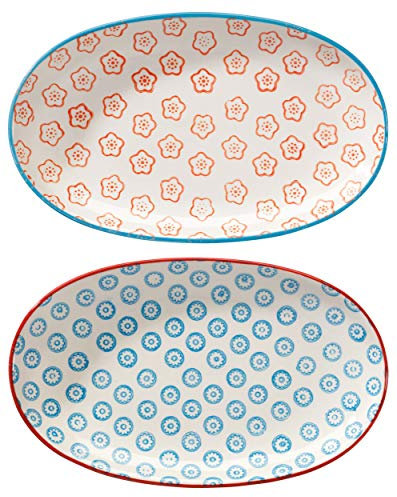 BLOOMINGVILLE Plato para Servir Emma - Oval de Colores L 21,5 x W 13 cm, Naranja Azul, Cerámica, Juego de 2