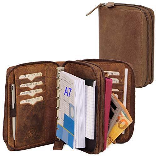 ALMADIH Leder A7 Kombimappe 2 Fächer mit Reißverschluss Kalender 2025 2026 Premium Rindsleder Braun Vintage Geschenkbox Ledermappe Mappe Schreibmappe Terminplaner Terminkalender Ringbuchmappe (BV)
