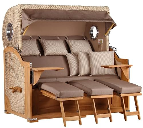 Strandkorb Baltikum Dreisitzer Teakholz Volllieger Strandstuhl PE Geflecht Shell Bullauge inkl. 6 Kissen + Wechselpolster blau - Strandkörbe Teak, Garten, Wintergarten und Terrasse (Dessin 534)