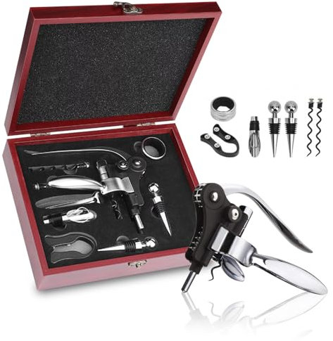 Wine Bottle Opener Set, 8 Pieces Corkscrew Opener with Wooden Case, Stainless Steel Opener Set for Birthdays and Weddings