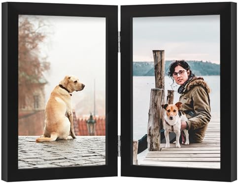 FOREV 4x6 Double Picture Frame Black Wooden Hinged Photo Frame