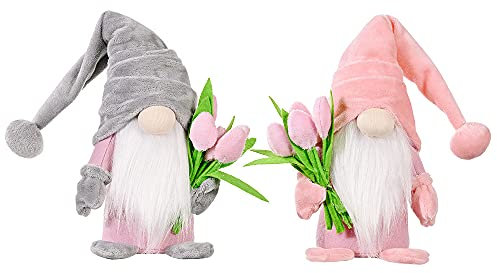 2PCS Frühlingswichtel, Blume Plüsch Zwerg Wichtel mit Tulpen,Gesichtslose Puppe Plüschtier, Muttertagsgeschenk,Geburtstagsgeschenk,Frühlingsdeko Geschenk für Frauen Mama Hochzeitstag Freundin Ehefrau