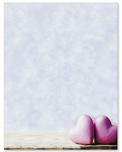 PaperDirect Two Hearts Border Paper, Mottled Blue Background with Faded Filigree and Pink Hearts Design, 8.5 x 11, Acid-Free, Stationery for Valentine's Invitations, Flyers, Cards, 25 Sheets