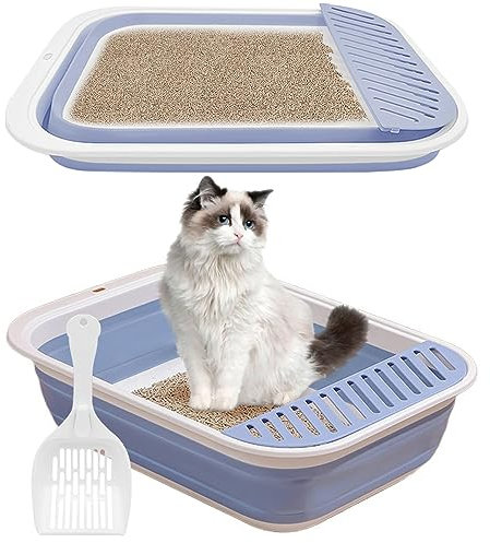 BNOSDM Katzentoilette für ältere Katzen, niedriger Einstieg, Kätzchen, Reise-Klo mit Schaufel, offen, zusammenklappbar, flach, Töpfchen, Pfanne, faltbar, Haustiertoilette für kranke, behinderte ältere