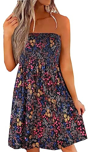 FECAFO Färgglad randig axelbandslös bandeau miniklänning kvinnor sommar rygglös tub tank klänning strand täckande kort solklänning, Svart, XL