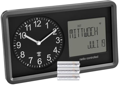 TFA Dostmann 60.3552.01, orologio analogico radiocontrollato con calendario, sveglia e funzione snooze, visualizzazione digitale del giorno della settimana e della data, orologio da tavolo analogico,