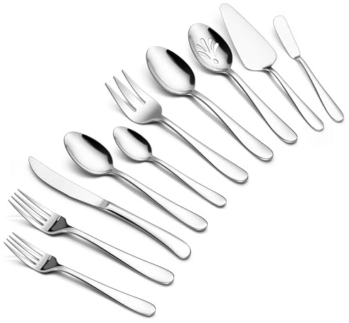 Onader 65 Piece Heavy Duty Silverware Set with Serving Pieces, Stainless Steel Cutlery Flatware Set for 12