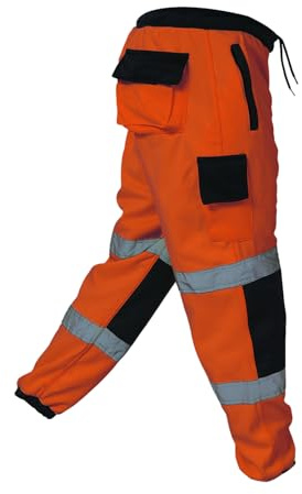 Dolce Vari 100% Polyester Hi Viz Mens Work Trousers Hi Viz Jogging Bottoms Safety Sweat Pants Multi Pockets Super Soft Hi Vis Cargo Security Work Wear Trousers (XXL, Orange Navy)