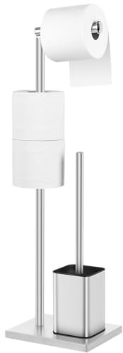 Toilet Roll Holder Free Standing with Toilet Brush - Stainless Steel Toilet Paper Holder Freestanding with Storage for Bathroom (Silver)