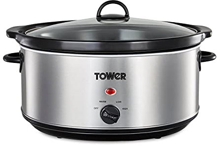 Tower T16040Y Slow Cooker with 3 Heat Settings and Removable Dishwasher Safe Pot, Up to 8 Portions, 6.5 Litre, Stainless Steel