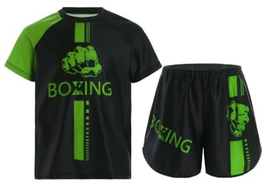 Runhomal Pojke T-shirt och shorts thailändsk stridsboxning MMA sportträning för barn 5–16 år, Färg: grön, 11-12 ans