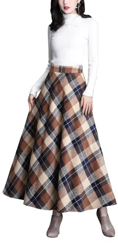 Beeblily Women's Plaid Wool Skirt High Waisted A-Line Fall Winter Skirts | Vintage plaid skirts for women with premium wool blend, soft lining, hidden zipper, and deep side pockets for cold winter.