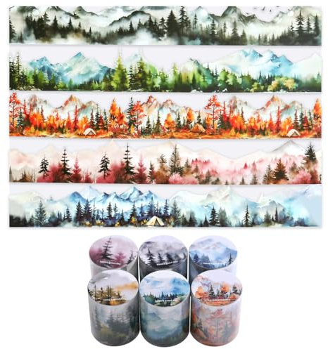 Washi Tape Stickers Set, 6 Rollen Mountain/Bäume/Wälder PET Dekorative Scrapbook-Aufkleber, Natur-Ephemera für Junk Journaling, Scrapbooking, Basteln, DIY-Projekte, Tagebücher und Künstlerbedarf
