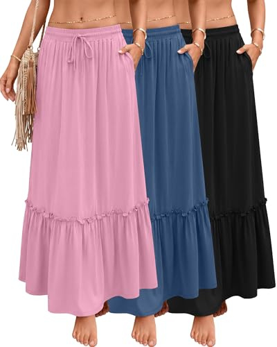 Ficerd 3 Pezzi Gonne Maxi Boho da Donna, Gonne Lunghe a Strati Fluide con Volant, Vita Alta con Coulisse Regolabile e Tasche