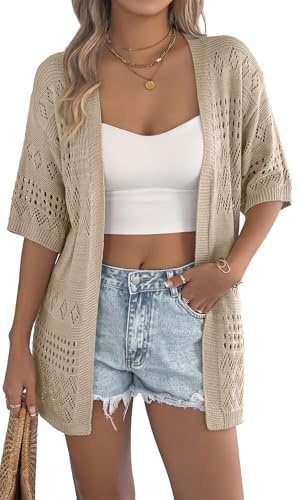 Ausing Damkofta sommar lätt kofta jacka lång elegant skjortjacka halv ärm festlig topp tunn lång blusjacka mjuk bekväm andas S-2XL, kaki, L