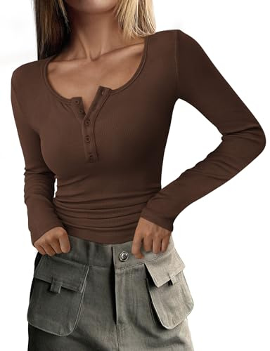 Zeagoo Damen Langarmshirt Slim Fit Gerippt Oberteil Herbst T Shirt Braun M