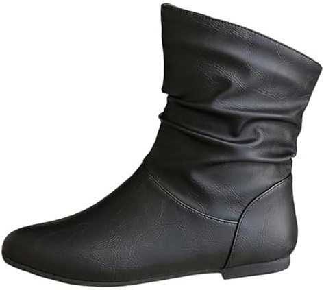 PTNOKA Women's Leather Slouchy Flat Ankle Boots Comfortable Round Toe Casual Pull On Booties Fall Winter Fashion Low Heel Short Boots (Black,numeric_11)