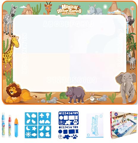 Water Paint Mat, Painting Writing Coloring Mat with Templates and Pens, Stamps, Molds No Coloring Painting Educational Toys, Reusable Endless Fun with Water-based Drawing for K Desert Animals 80*60cm