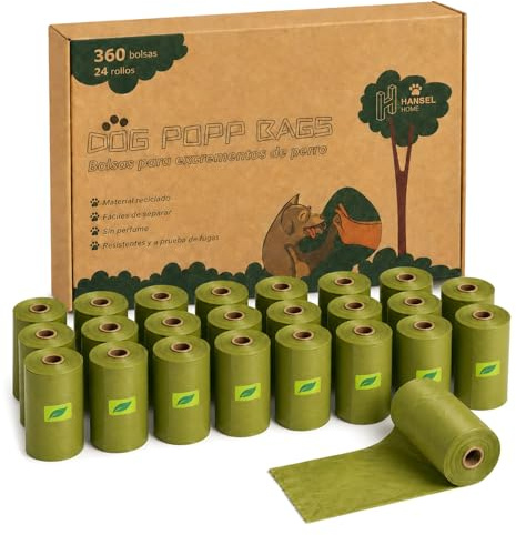 H HANSEL HOME Bolsas para Excrementos de Perro, 360 Bolsas, 24 Rollos de 15 Bolsas, 33 x 23 cm, Sin Perfume, Material Reciclado, Resistentes y a Prueba de Fugas
