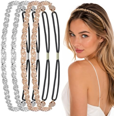 Elegaperma 4 stycken pannband guld, 36 cm hårband damer glitter silver | Pannband glitter, elastisk huvudbonad med strass paljetter för bröllopsfester karneval