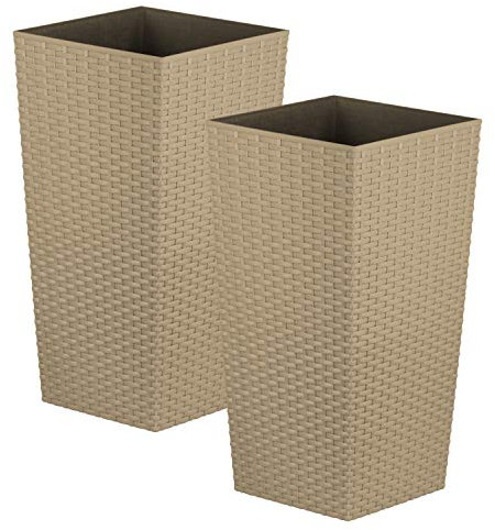 17L Tall Square Plastic Rattan Indoor/Outdoor Planters - BEIGE - Set of 2