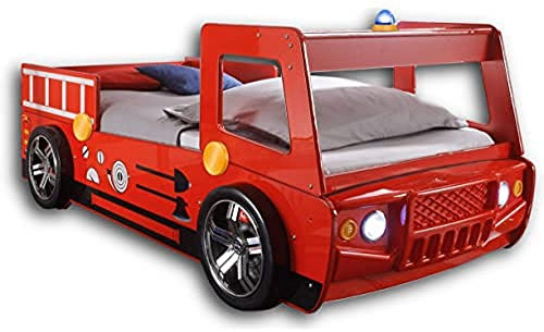 SPARK Feuerwehrbett mit LED-Beleuchtung 90 x 200 cm - Aufregendes Auto Kinderbett für kleine Feuerwehrmänner in rot - 108 x 91 x 225 cm (B/H/T)