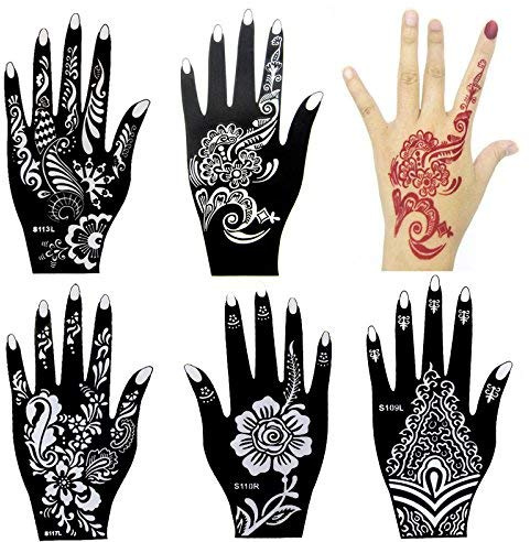 Xmasir 6 Sheets India Henna Tattoo Stencil Kit for Women Girl Hand Art Painting Temporary Tattoo Sticker Glitter Templates 7.87'' x 4''